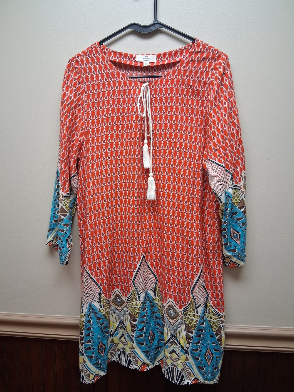 Entro Red-Multi Geometric Print Shift Dress 3/4 Sleeves Boho Tassels Size L